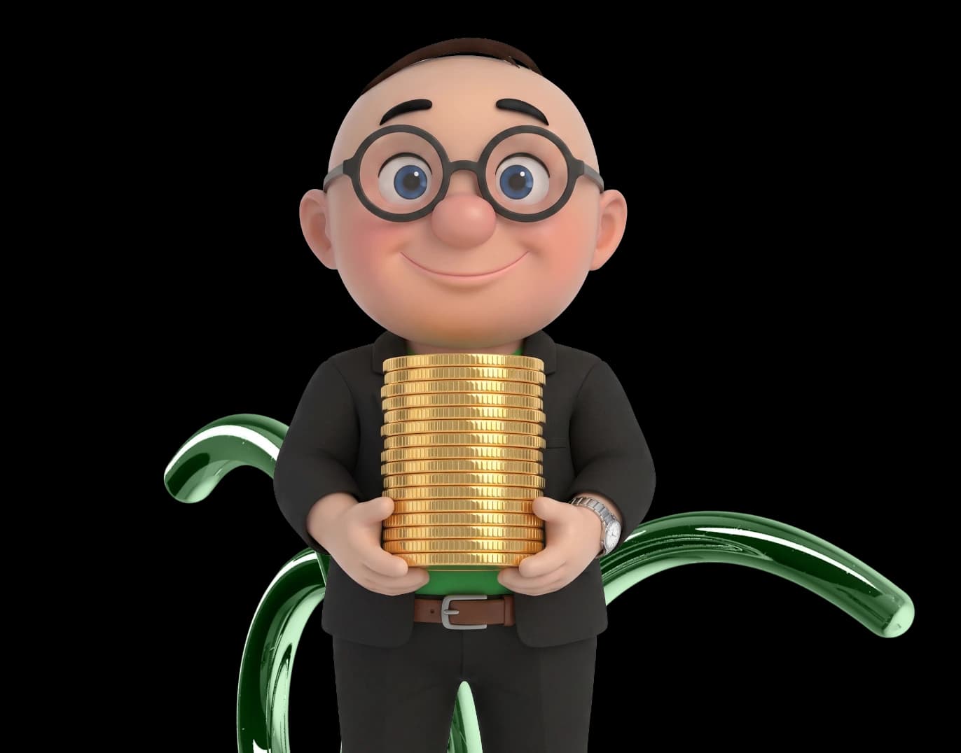Alfred, CreditMarket.ae's mascot, holding a stack of coins representing personal loan financing in the UAE