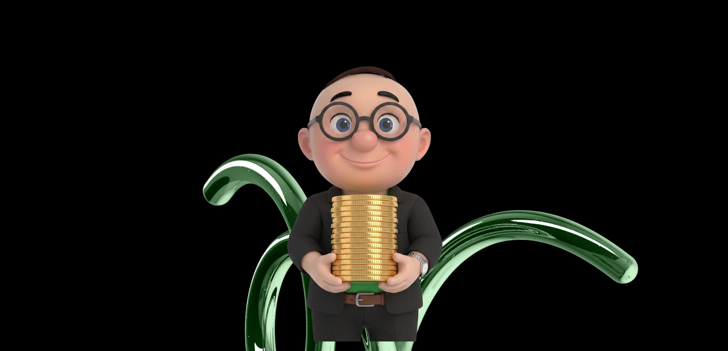 Alfred, CreditMarket.ae's mascot, holding a stack of coins representing personal loan financing in the UAE