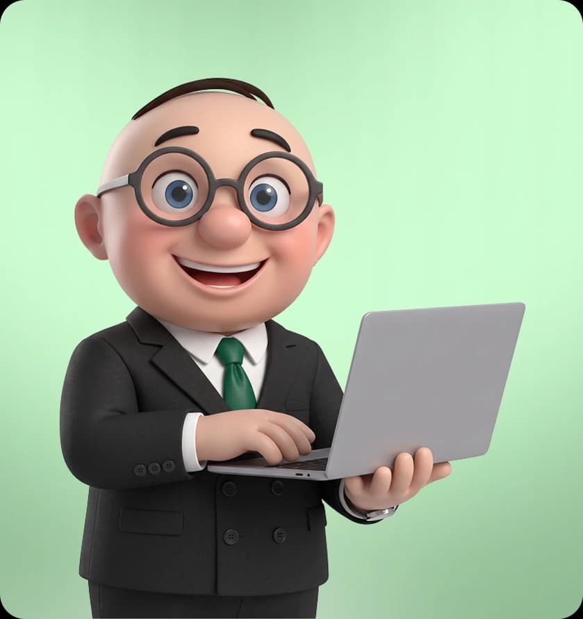 Alfred, CreditMarket.ae's mascot, working on a laptop